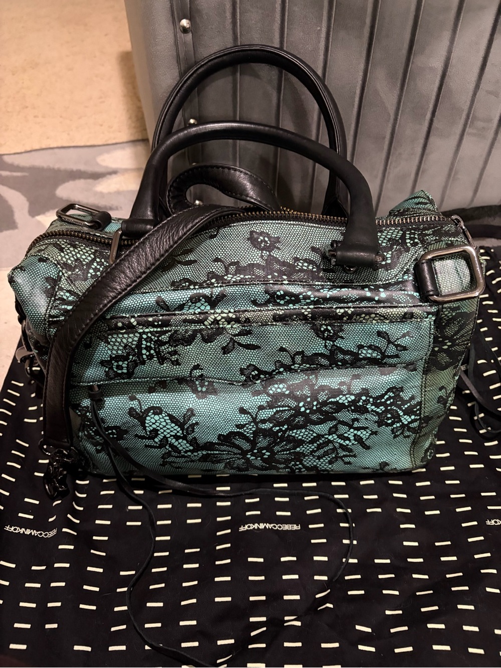 Rebecca Minkoff M.A.B. in Sea Green (Aqua) with Black Lace Overlay.